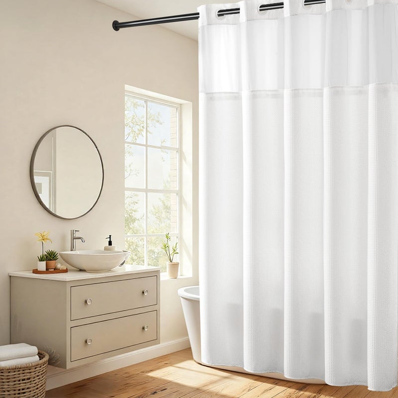River Dream Extra Long Shower Curtains No Hooks Waffle Weave Shower Curtain with Snap in Liner - 71W x 86H,Hotel Grade,Spa Like Bath Curtain,White - Image 1